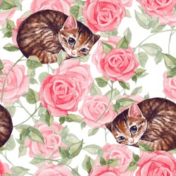 Seamless Pattern With Cute Sleepy Cat And Pink Rose Flowers. Watercolor Design For Background, Wrapping Paper, Cards, Textile