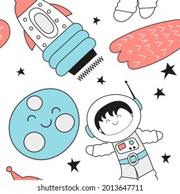 Seamless Pattern With Cute Spaceman Or Astronaut In Outer Space On White Background. Kids Illustration. Kids Pattern For Nursery Design. Great For Baby Clothes, Greeting Card, Wrapping Paper.