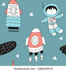 Seamless Pattern With Cute Spaceman And Rockets In Outer Space In Scandinavian Style. Illustration. Kids Poster For Nursery Design. Great For Baby Clothes, Greeting Card, Wrapping Paper.