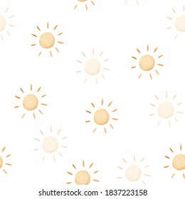 seamless pattern with cute sun, delicate palette of colors, children's watercolor illustration