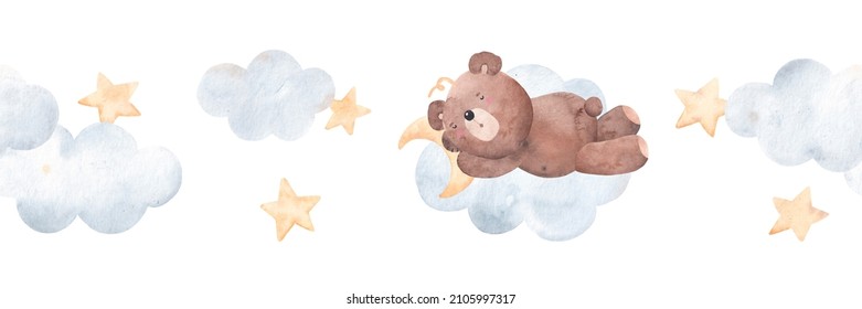 Seamless pattern with cute teddy bear, moon, clouds and stars. Watercolor hand drawn illustration with white isolated background.