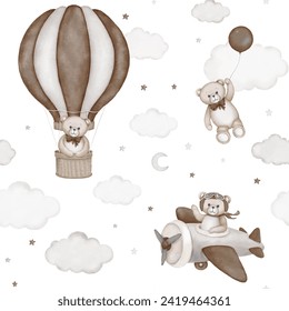 Seamless pattern with cute teddy bear, hot air balloon, airplane, clouds. Watercolor hand drawn illustration with white isolated background. Baby shower clipart, birthday celebration, announcement.