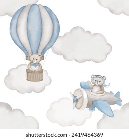 Seamless pattern with cute teddy bear, hot air balloon with basket, airplane, white clouds. Watercolor hand drawn illustration with white isolated background. Baby shower clipart, birthday.