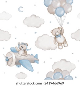 Seamless pattern with cute teddy bear, air balloons, airplane, clouds, stars. Watercolor hand drawn illustration with white background. Baby shower clipart, birthday celebration, announcement.