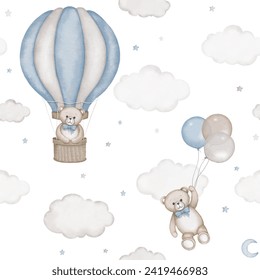 Seamless pattern with cute teddy bear, hot air balloon, clouds, stars. Watercolor hand drawn illustration with white isolated background. Baby shower clipart, birthday celebration, announcement.