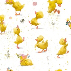 Seamless Pattern With A Cute Watercolor Duckling