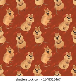 Seamless pattern cute watercolor quokka on textured red background