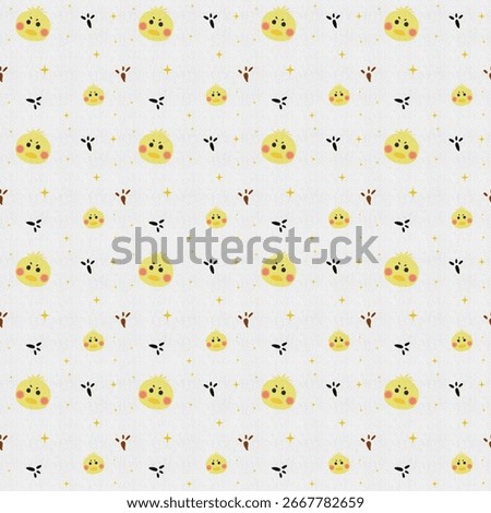 Seamless pattern, cute yellow chick cartoon pattern on white background, decorated with bird footprints and small star dots all over the image, suitable for graphic design, textile, background