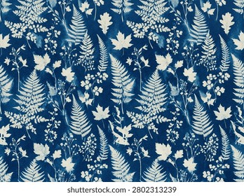Seamless pattern of cyanotype botanical pattern wate