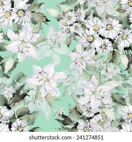 Seamless pattern of daisies and lilies U