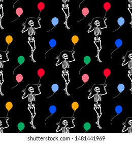 Seamless pattern. A dancing human skeleton with a colored balloon. Halloween party. For greeting cards, invitations, tattoo, for printing on T-shirts and more. Happy Halloween! - Powered by Shutterstock