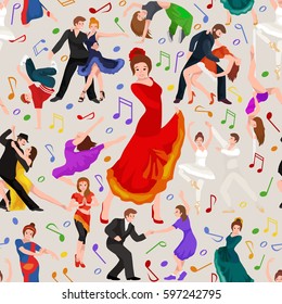 Seamless pattern. Dancing People, Dancer Bachata, Hiphop, Salsa, Indian, Ballet, Strip, Rock and Roll, Break, Flamenco, Tango, Contemporary, Belly Dance Pictogram Icon. style of design concept set