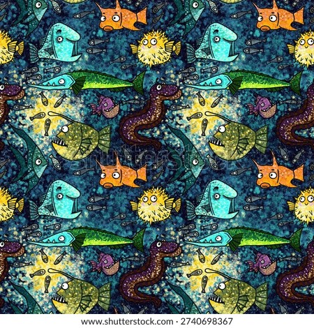Seamless pattern with dangerous, predatory and poisonous fish