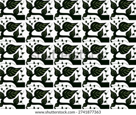 Seamless pattern of dark green stylized leaves and vines on white background