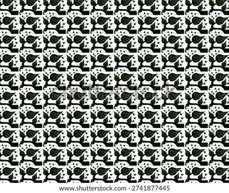 Seamless pattern of dark green stylized leaves and vines on white background