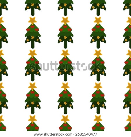 Seamless pattern of decorated Christmas trees with golden stars and red bows on white background. Hand drawn doodle christmas tree pattern background with doodle style. 