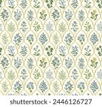 Seamless pattern with decorative flowers on yellow background, Botanical floral ethnic motif and Mughal art flower bunch