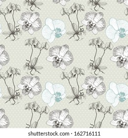 Seamless pattern decorative orchid flowers. Hand drawn illustration on spotted background.