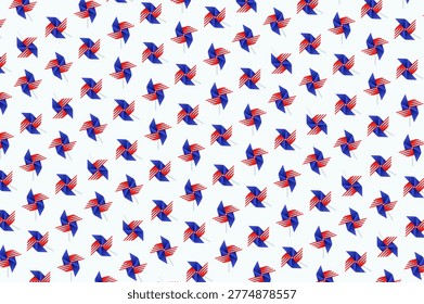 Seamless pattern of decorative paper windmill with the design of the United States flag. Primarily decorative for holidays like the 4th of July. Usually  are made of decorated paper or cardstock, a wooden or plastic stick, and a pin. Designed to rotate with the force of the wind.