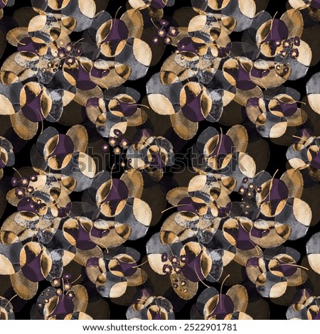 Seamless pattern of decorative plants. Stylized flowering plants are drawn on a dark background. Botanical repeating texture, pattern, print.