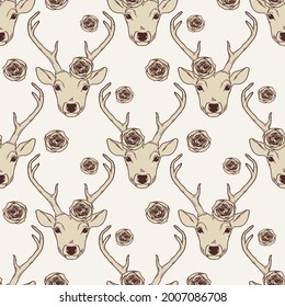 Seamless pattern and deer heads   roses  Romantic trendy background  Nature wildlife animal light vintage backdrop 