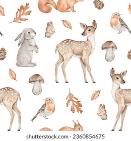 Seamless pattern with deer, rabbit, squirrel, bird, butterfly, pine cone, leaves, boletus and acorn. Woodland animals. Autumn forest background. Hand drawn watercolor fall illustration for wallpaper