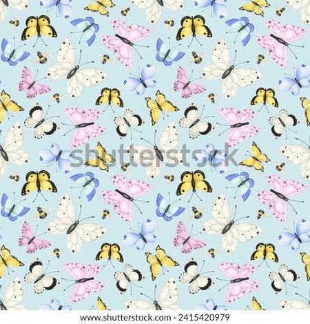 Seamless pattern of delicate spring butterflies on a light blue background. Endless pattern of watercolor butterflies. Spring background. Summer wallpaper