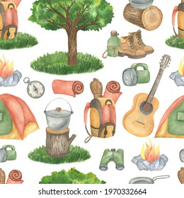 Seamless pattern depicting camping tools and wood. On a white background. Watercolor hand drawing.