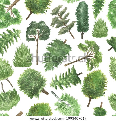 Seamless pattern depicting green trees. On a white background. Watercolor hand drawing.