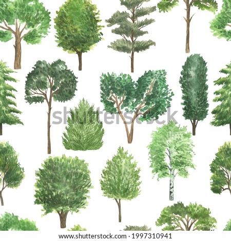 Seamless pattern depicting green trees. On a white background. Watercolor hand drawing.