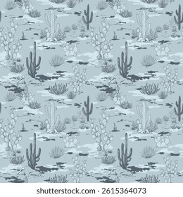 Seamless Pattern of Desert Landscape with Cacti and Vegetation. Wild West Surface Poster Design for All Fabrics and Prints. Background Wallpaper featuring Arizona artwork.