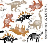 Seamless pattern design featuring playful cartoon dinosaurs in earthy colors for children