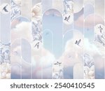 Seamless pattern design with geometric lines, watercolor drawing of sky and birds, modern luxurious background. Mural for walls. Frame of tropical leaves and flowers.