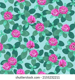 Seamless pattern design with illustrations of clover flowers. Pattern for product packaging, fabric, wallpapers, home textile, wrapping paper and stationery