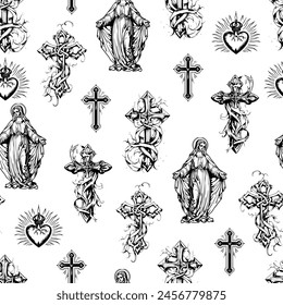Seamless pattern design of tattoo style crucifix, Virgin Mary and sacred heart