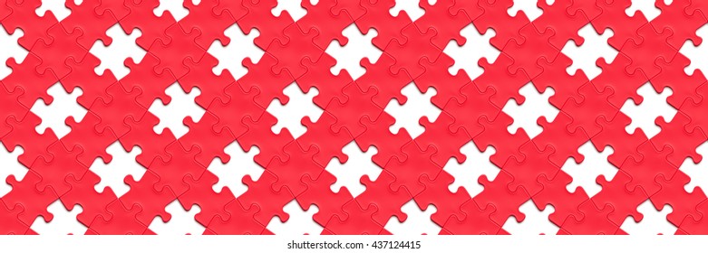 seamless pattern of diagonal red jigsaw puzzle pieces interlocking with some missing pieces (1x3 format, 3d illustration)