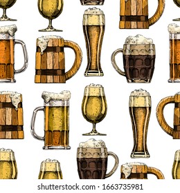 Seamless pattern with different beer glasses and mugs. Color illustration background in ink hand drawn style.