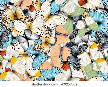 Seamless pattern with lot of different butterflys. Realistic 3D illustration