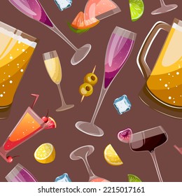 Seamless pattern with different cocktails,glasses,olives,lemons,ice isolated on brown background. World Bartender day,bars.pubs,print,cards,posters concept. - Powered by Shutterstock