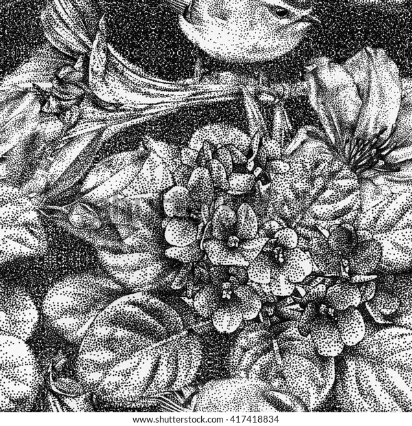 手描きの黒い墨で 異なる花 鳥 植物のシームレスな模様 図 点描画法 のイラスト素材