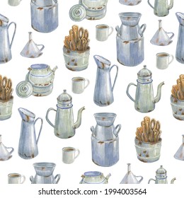 Seamless Pattern Of Different Rusty Dishes And Wood Cutlery. Rustic Mood. Colored Pencil Technique. Hand Drawn. For Banner, Invitation, Greeting Card, Label, Poster