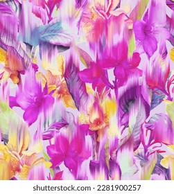 Seamless pattern with digital blurred tropical flowers. Modern trend print for fabric