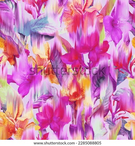 Seamless pattern with digital blurred tropical flowers. Modern trend print for fabric