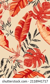 Seamless Pattern Of Diverse Foliage In Shades Of Red And Orange With Black Foliage.