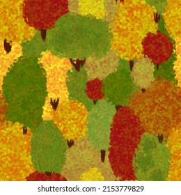 Seamless Pattern With Dotted Autumn Trees. Background In Dotwork Style. Pointillism Painting Technique. Dots And Points. Van Gogh Style