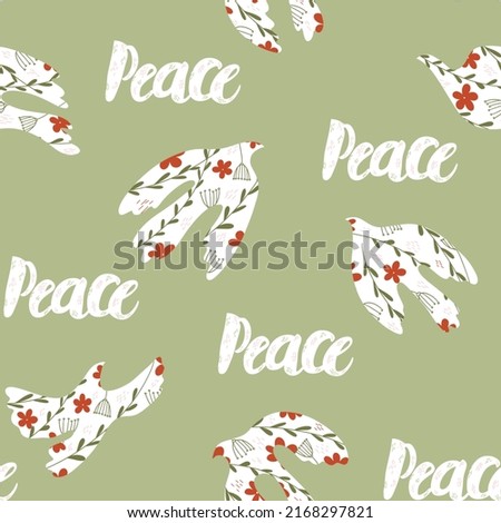 Seamless pattern with dove of peace. Flying bird with an olive branch. Peace and love, freedom, no war concept. Green background. Wallpaper, poster template	