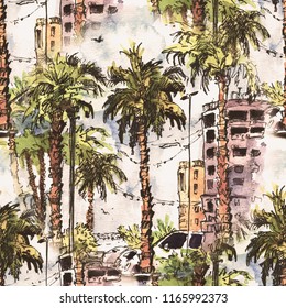 Seamless pattern. Downtown with street and buildings of Miami City in Florida, USA. Watercolor splash with hand drawn sketch illustration. retro colorful watercolor silhouettes of palm trees.
