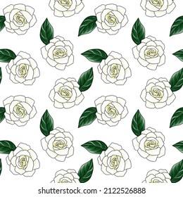 Seamless Pattern With Drawing Flowers Of Gardenia At White Background, Hand Drawn Illustration