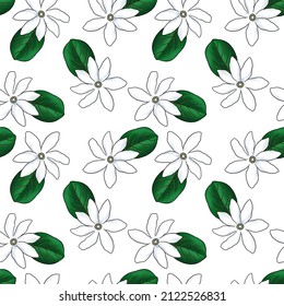 Seamless Pattern With Drawing White Flowers Of Tahitian Gardenia , Gardenia Taitensis, Tiare At White Background, Hand Drawn Illustration