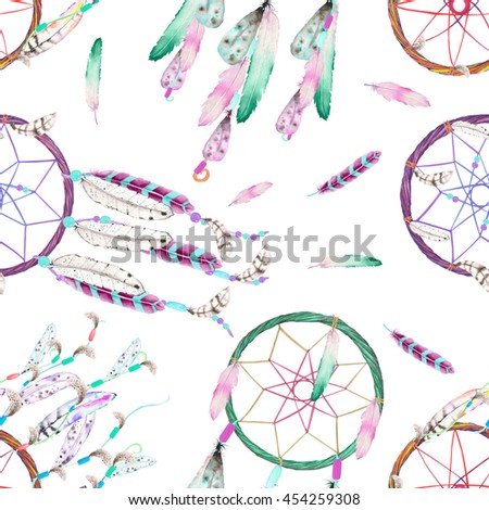 Seamless pattern with dream catchers and feathers in the air, hand drawn in watercolor on a white background Imagine de stoc © 